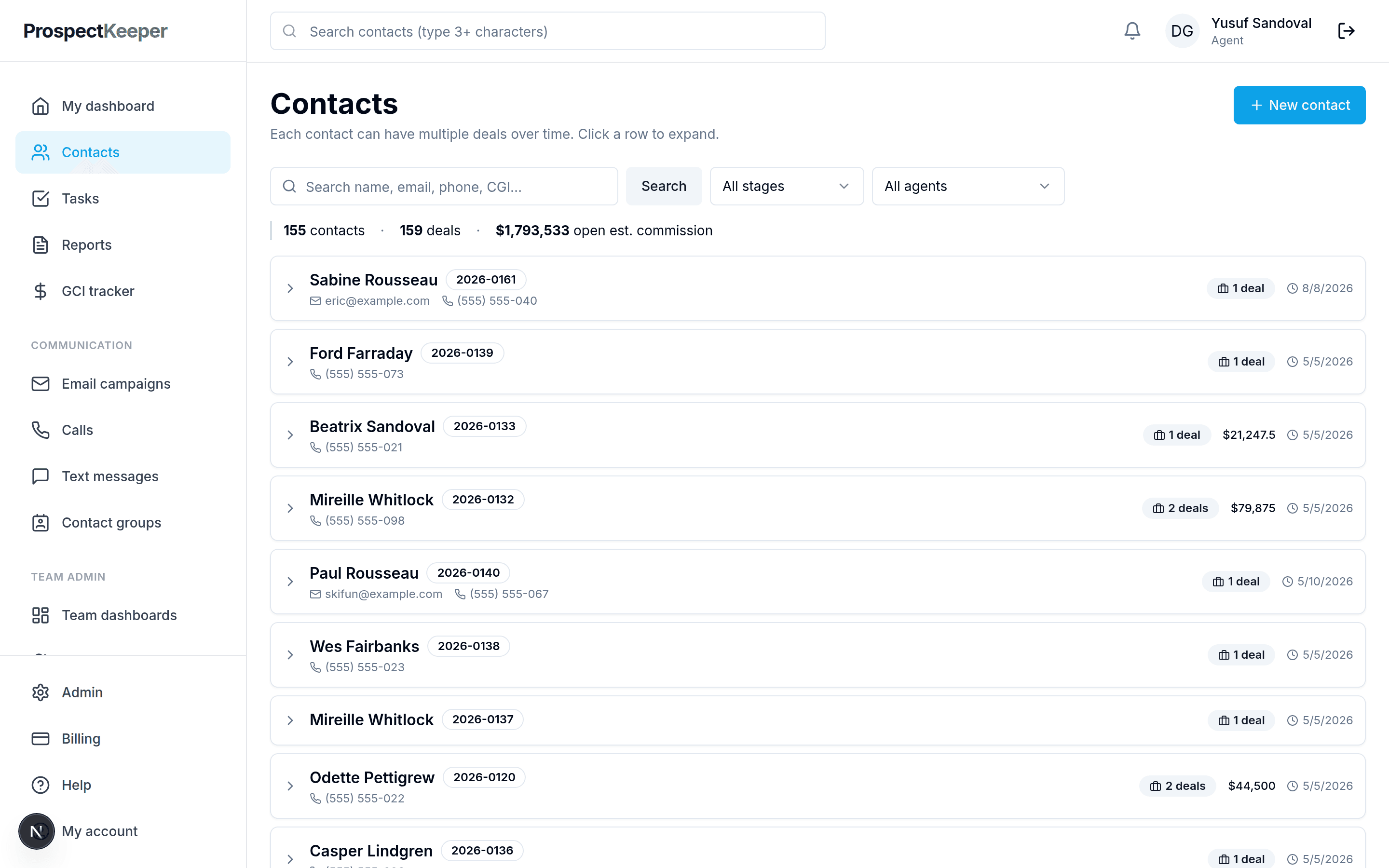 The contacts list, showing clients with their stage, assigned agent and follow-up dates.