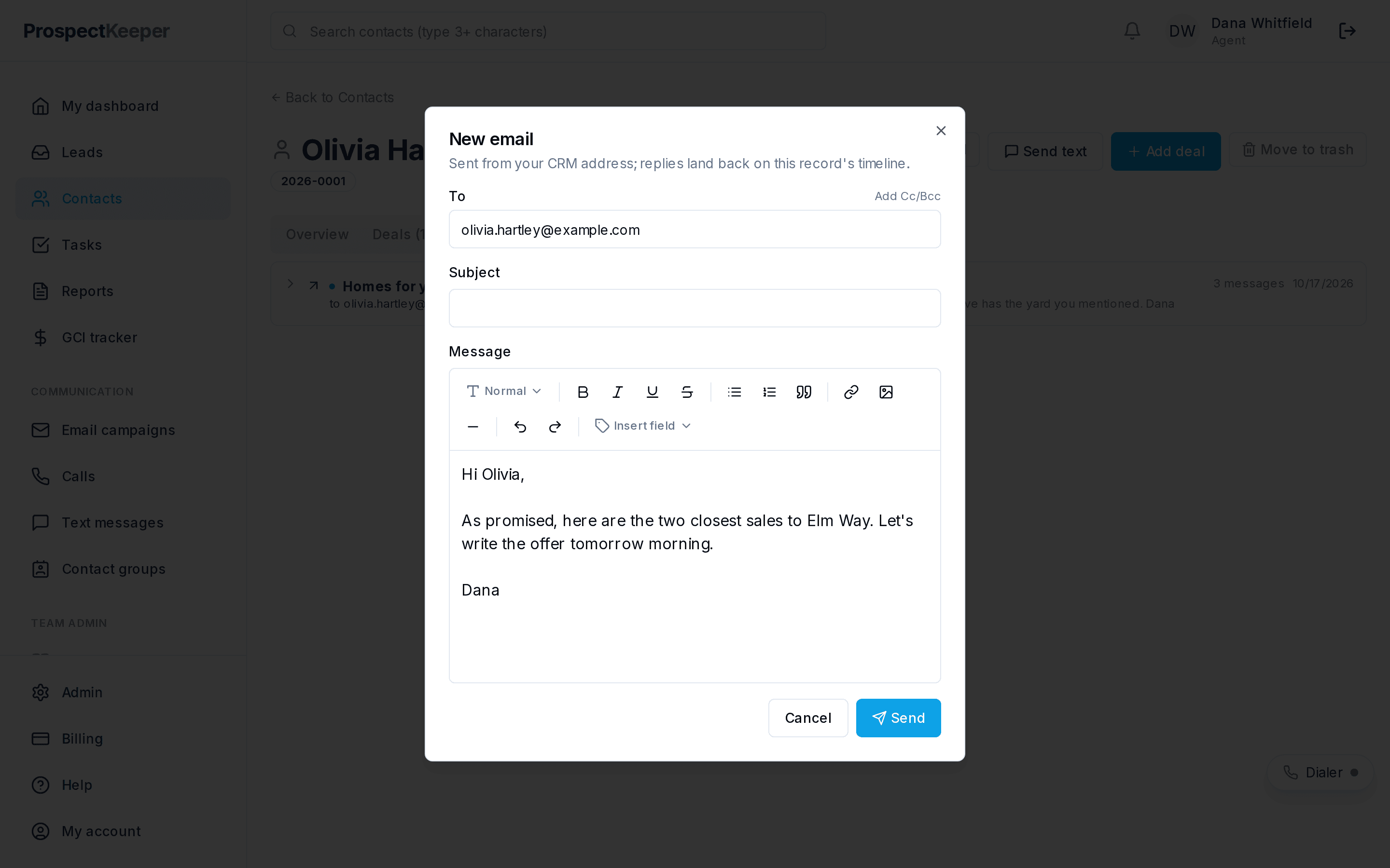 Writing a one-to-one email to a client from her contact record.