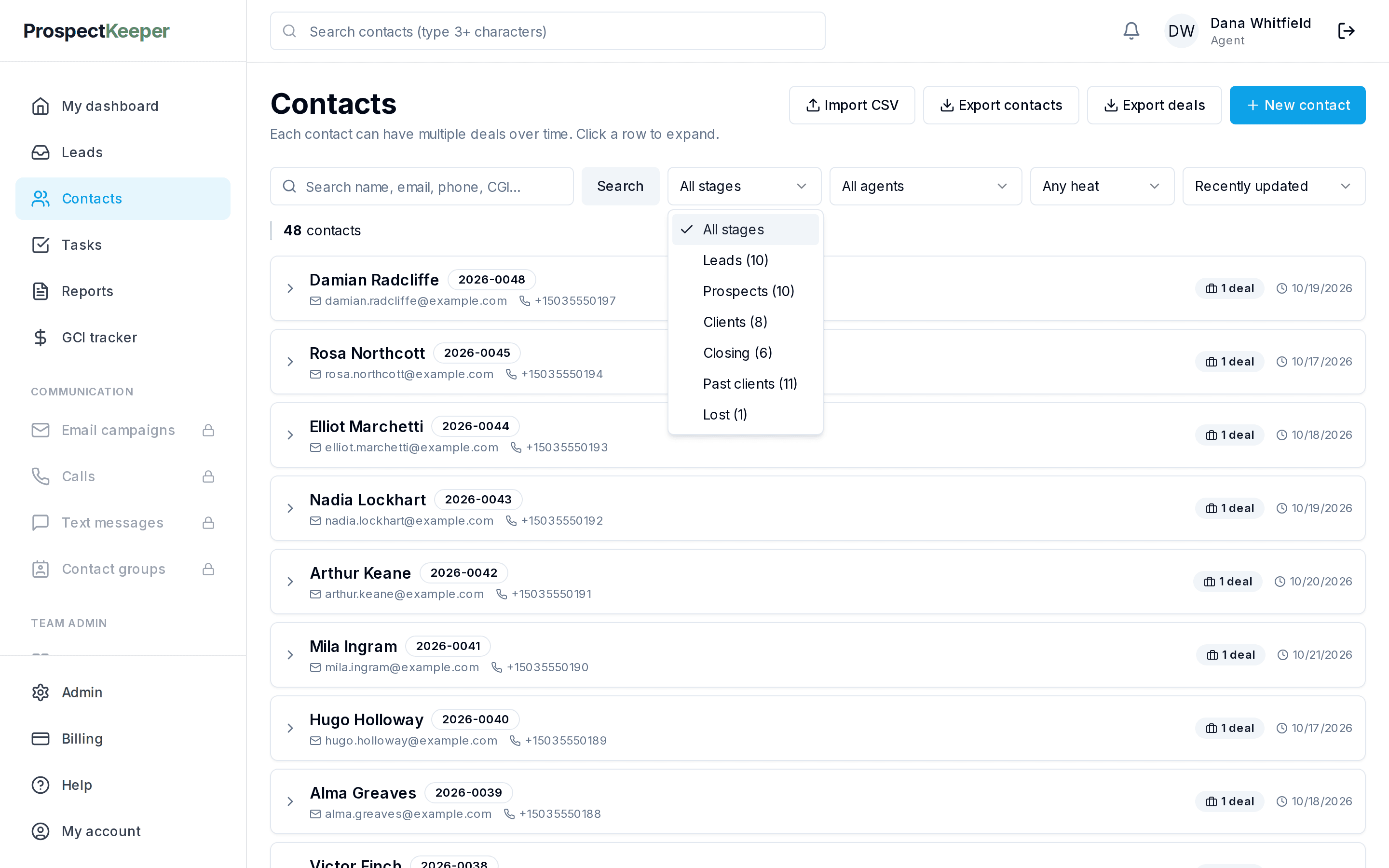 The contacts list with its stage filter open, showing how many contacts sit at each stage.