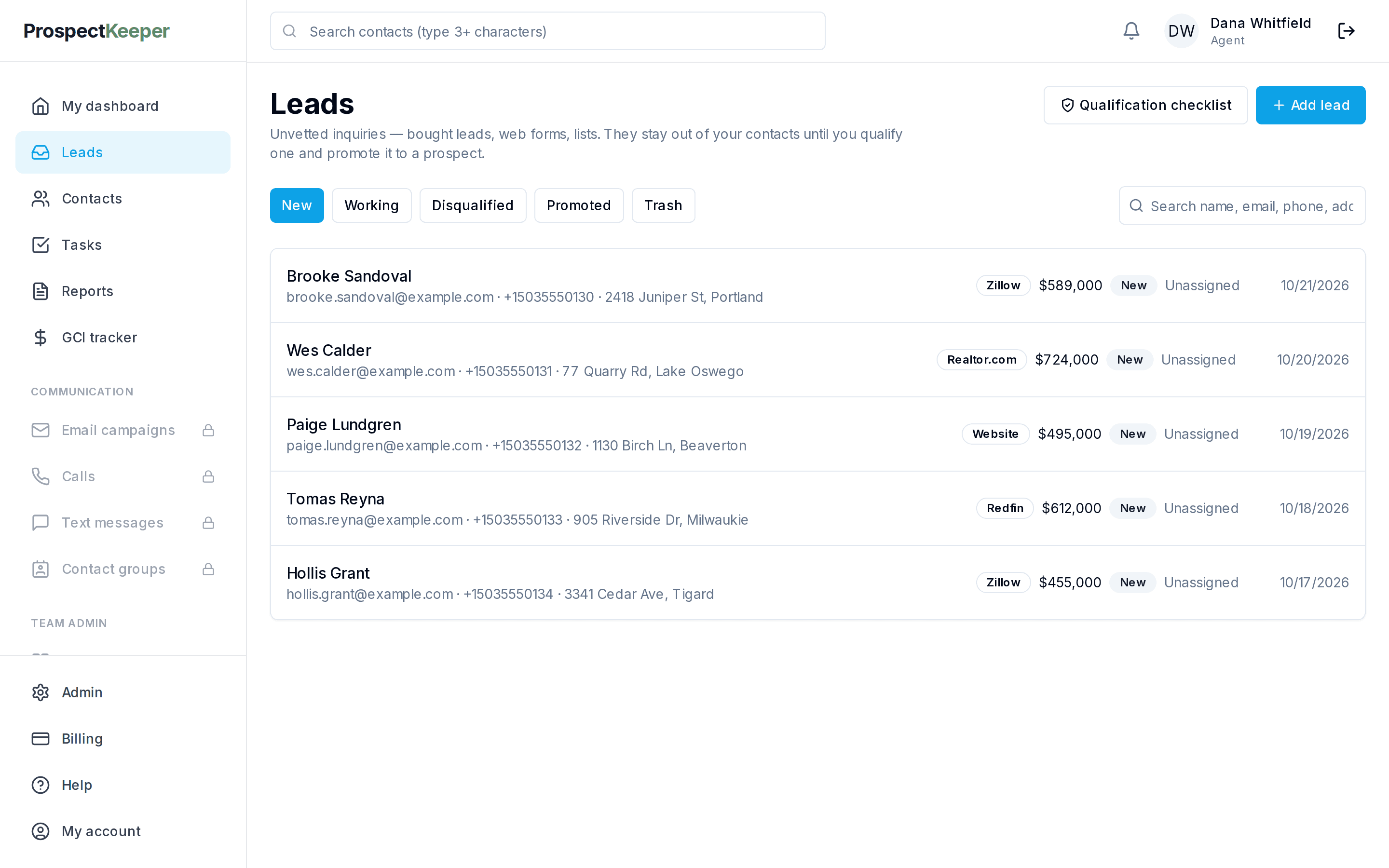 The leads inbox: new inquiries from Zillow, Realtor.com, Redfin and a website form, none of them contacts yet.