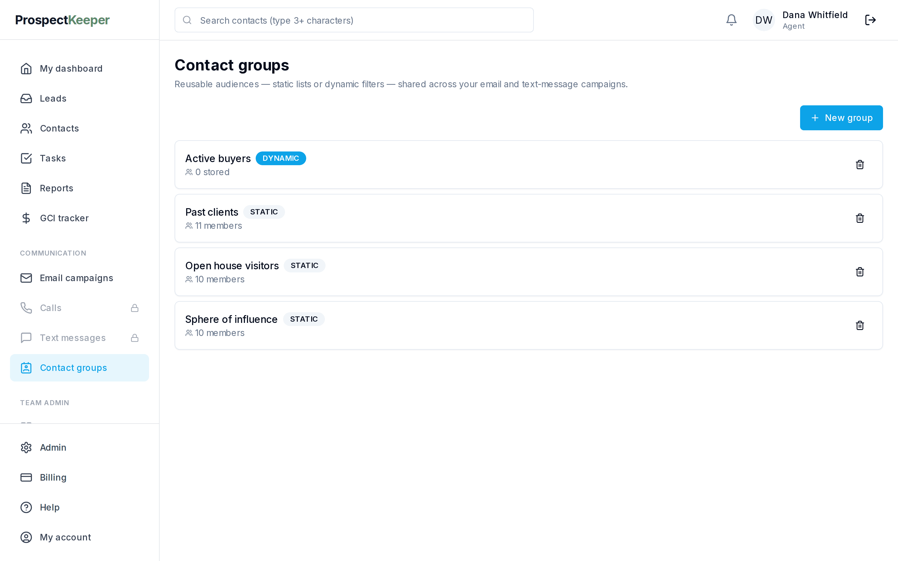 The contact groups list: past clients, sphere of influence, open house visitors and active buyers.
