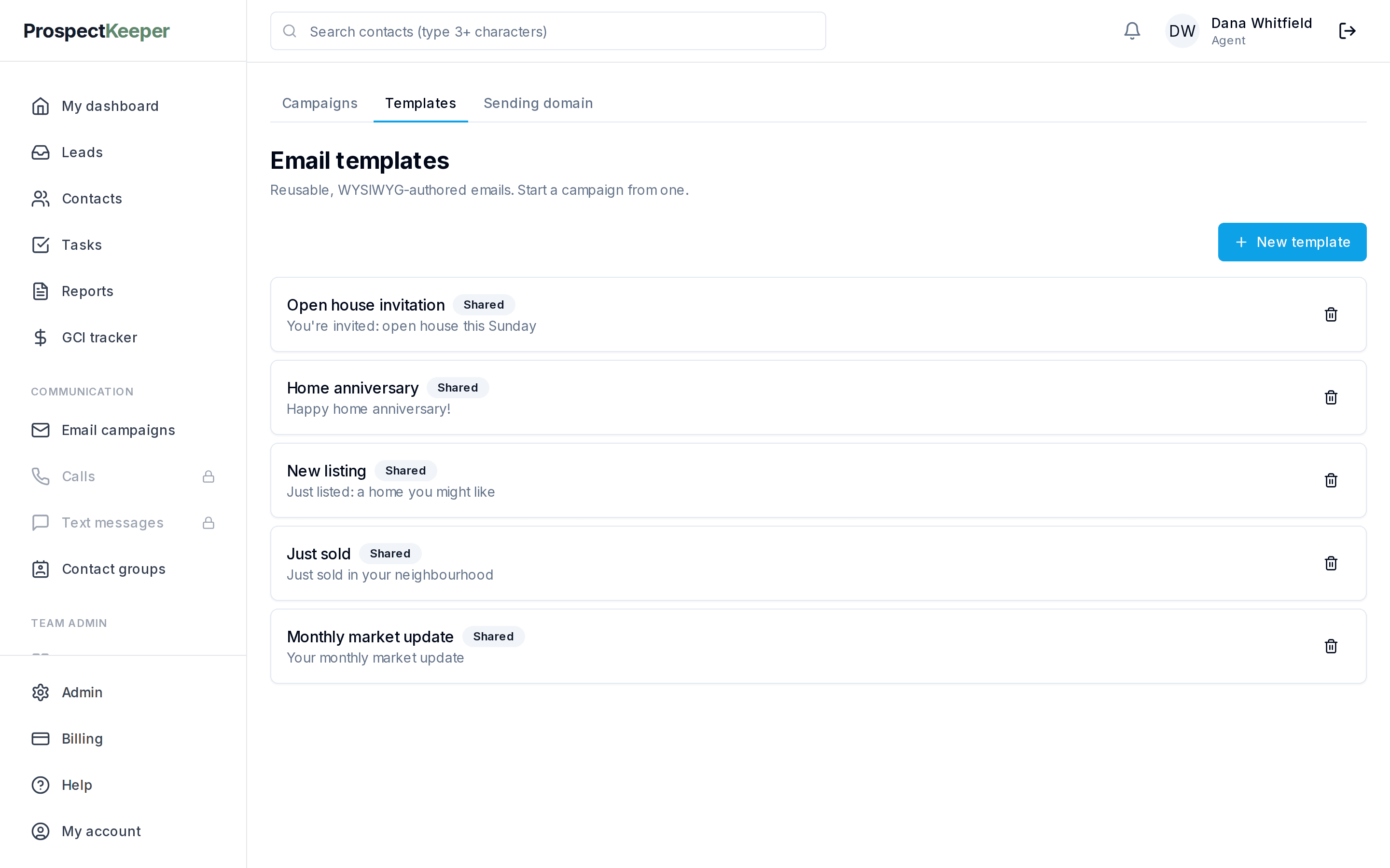 The email templates library with saved templates such as Just sold and Monthly market update.